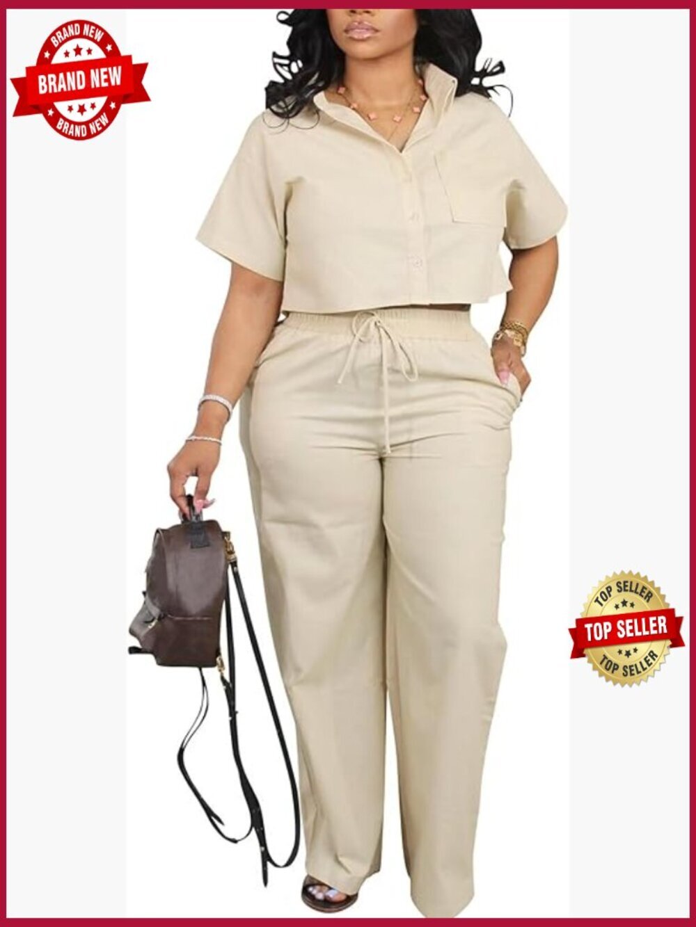 Women 2 Piece Outfits Crop Top & Long Pants Set Button Down Drawstring Work